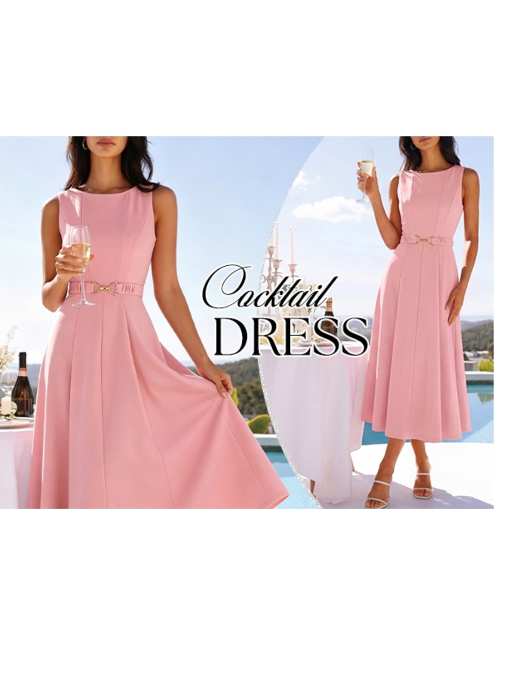 ZESICA - XL Elegant Sleeveless Pink Midi Dress with Belt - Picture 11 of 16
